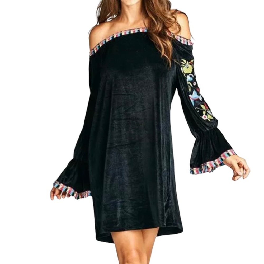 VELZERA: Black Embroidered Velvet Off-Shoulder Tunic Dress - Size 3XL